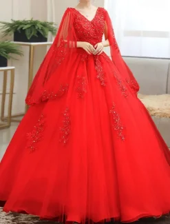 Ball Gown Quinceanera Dresses Princess Dress Sweet 16 Floor Length Short Sleeve V Neck Tulle with Appliques dress to impress