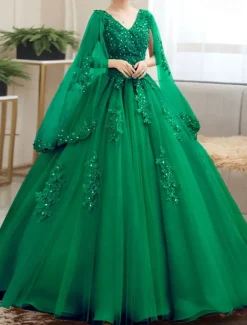 Ball Gown Quinceanera Dresses Princess Dress Sweet 16 Floor Length Short Sleeve V Neck Tulle with Appliques dress to impress