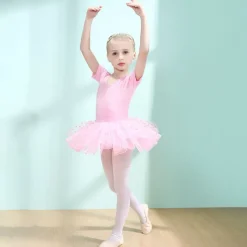 Ballet Dress Lace Ruching Split Joint Girls' Training Performance Short Sleeve High Spandex Lace