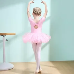 Ballet Dress Lace Ruching Split Joint Girls' Training Performance Short Sleeve High Spandex Lace