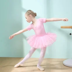 Ballet Dress Lace Ruching Split Joint Girls' Training Performance Short Sleeve High Spandex Lace