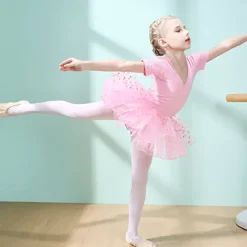 Ballet Dress Lace Ruching Split Joint Girls' Training Performance Short Sleeve High Spandex Lace