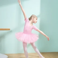 Ballet Dress Lace Ruching Split Joint Girls' Training Performance Short Sleeve High Spandex Lace