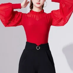 Ballroom Dance Activewear Top Printing Pure Color Splicing Women's Performance Training Long Sleeve High Polyester
