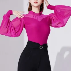 Ballroom Dance Activewear Top Printing Pure Color Splicing Women's Performance Training Long Sleeve High Polyester