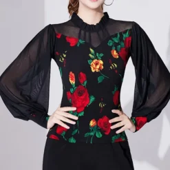 Ballroom Dance Activewear Top Printing Pure Color Splicing Women's Performance Training Long Sleeve High Polyester