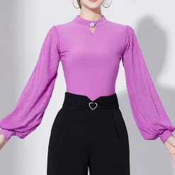 Ballroom Dance Activewear Leotard / Onesie Pure Color Splicing Tulle Women's Performance Training Long Sleeve High Polyester