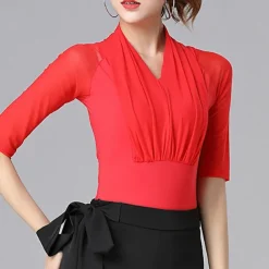 Ballroom Dance Activewear Leotard / Onesie Pure Color Splicing Tulle Women's Performance Training Short Sleeve High Nylon