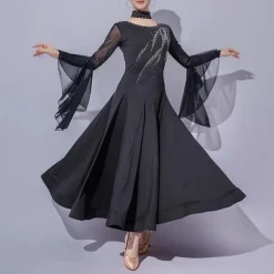 Ballroom Dance Dress Crystal / Rhinestone Splicing Women's Performance Training Long Sleeve Mesh Milk Fiber