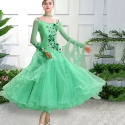 Ballroom Dance Dress Embroidery Appliques Split Joint Women's Performance Training Long Sleeve Spandex Organza Polyester