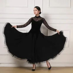 Ballroom Dance Dress Lace Pure Color Splicing Women's Performance Party Long Sleeve Charmeuse Pleuche