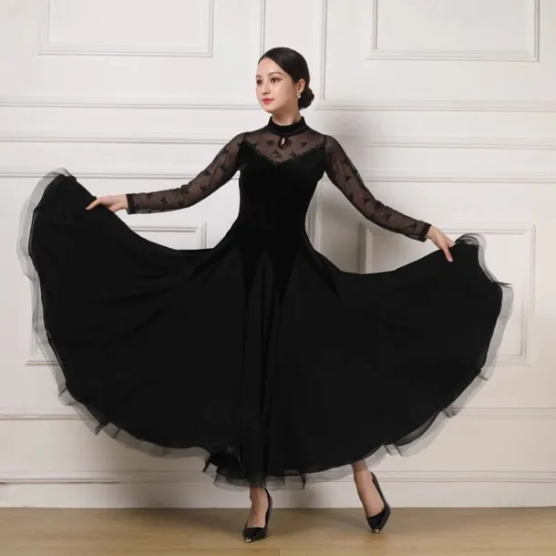 Ballroom Dance Dress Lace Pure Color Splicing Women's Performance Party Long Sleeve Charmeuse Pleuche