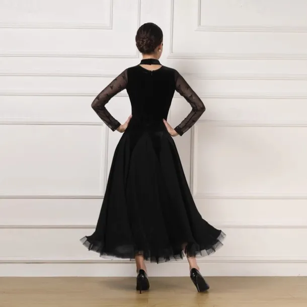 Ballroom Dance Dress Lace Pure Color Splicing Women's Performance Party Long Sleeve Charmeuse Pleuche