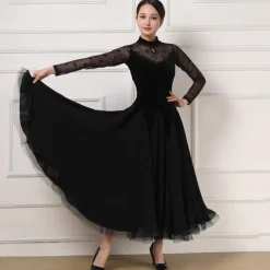 Ballroom Dance Dress Lace Pure Color Splicing Women's Performance Party Long Sleeve Charmeuse Pleuche