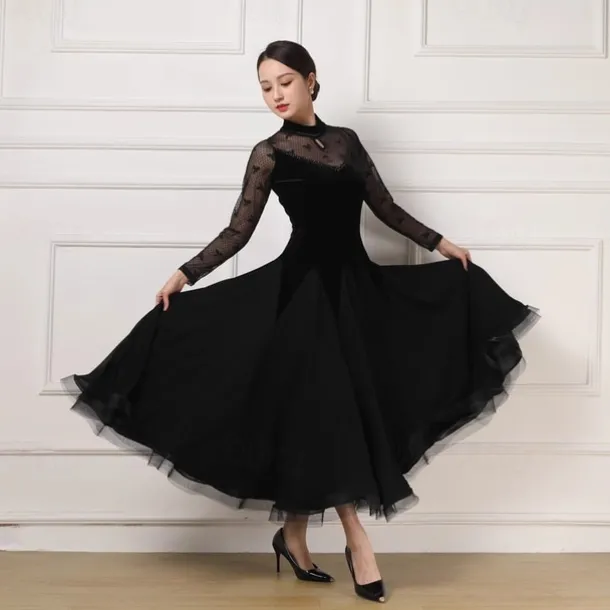 Ballroom Dance Dress Lace Pure Color Splicing Women's Performance Party Long Sleeve Charmeuse Pleuche