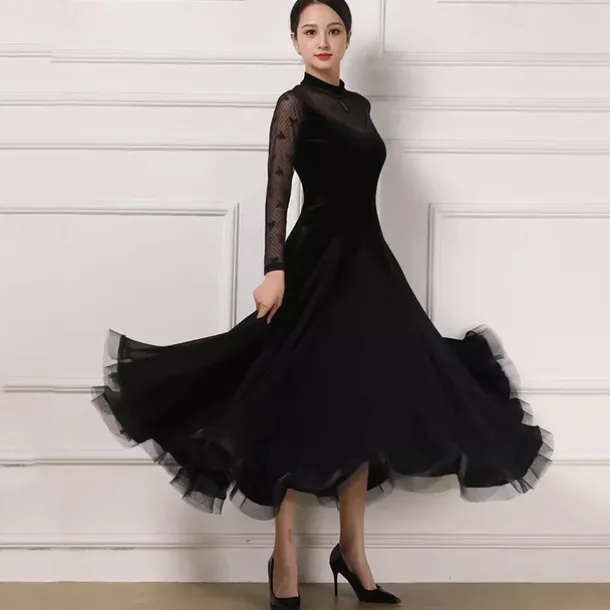 Ballroom Dance Dress Lace Pure Color Splicing Women's Performance Party Long Sleeve Charmeuse Pleuche