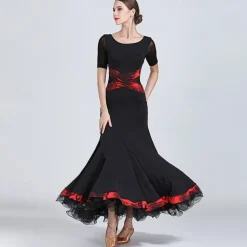 Ballroom Dance Dress Printing Women's Performance Training Short Sleeve Natural Tulle Ice Silk