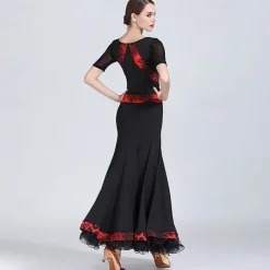 Ballroom Dance Dress Printing Women's Performance Training Short Sleeve Natural Tulle Ice Silk