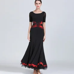 Ballroom Dance Dress Printing Women's Performance Training Short Sleeve Natural Tulle Ice Silk