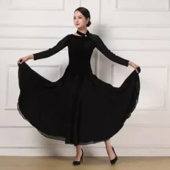 Ballroom Dance Dress Pure Color Splicing Women's Performance Party Long Sleeve Charmeuse Pleuche