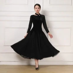 Ballroom Dance Dress Pure Color Splicing Women's Performance Party Long Sleeve Charmeuse Pleuche