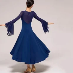 Ballroom Dance Dress Pure Color Splicing Women's Performance Party Long Sleeve Crystal Cotton Mesh