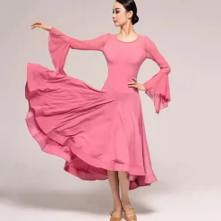 Ballroom Dance Dress Pure Color Splicing Women's Performance Party Long Sleeve Crystal Cotton Mesh
