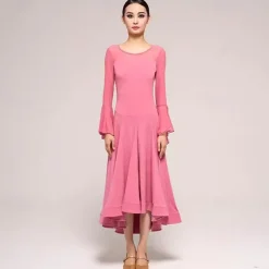 Ballroom Dance Dress Pure Color Splicing Women's Performance Party Long Sleeve Crystal Cotton Mesh