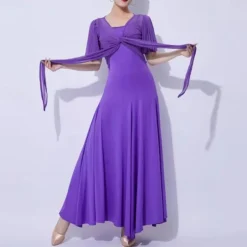 Ballroom Dance Dress Pure Color Splicing Women's Performance Party Short Sleeve Mesh Milk Fiber