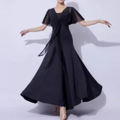 Ballroom Dance Dress Pure Color Splicing Women's Performance Party Short Sleeve Mesh Milk Fiber