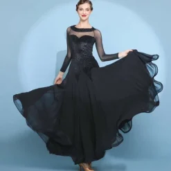 Ballroom Dance Dress Pure Color Tulle Women's Performance Training Long Sleeve Polyester