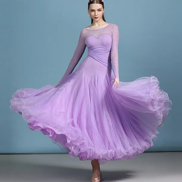 Ballroom Dance Dress Rhinestone Pure Color Women's Performance Training Long Sleeve Polyester