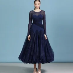 Ballroom Dance Dress Rhinestone Pure Color Women's Performance Training Long Sleeve Polyester