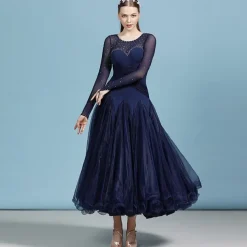 Ballroom Dance Dress Rhinestone Pure Color Women's Performance Training Long Sleeve Polyester