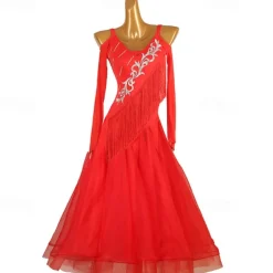 Ballroom Dance Dress Rhinestone Pure Color Women's Performance Training Long Sleeve High Chinlon Organza Tulle