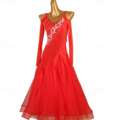 Ballroom Dance Dress Rhinestone Pure Color Women's Performance Training Long Sleeve High Chinlon Organza Tulle