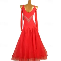 Ballroom Dance Dress Rhinestone Pure Color Women's Performance Training Long Sleeve High Chinlon Organza Tulle