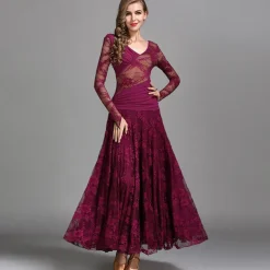 Ballroom Dance Dress Ruching Split Joint Women's Performance Training Long Sleeve Natural Lace Milk Fiber