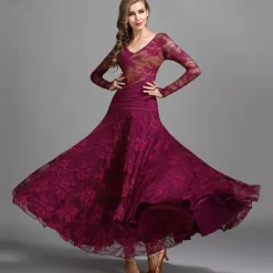 Ballroom Dance Dress Ruching Split Joint Women's Performance Training Long Sleeve Natural Lace Milk Fiber