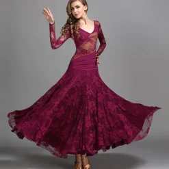 Ballroom Dance Dress Ruching Split Joint Women's Performance Training Long Sleeve Natural Lace Milk Fiber