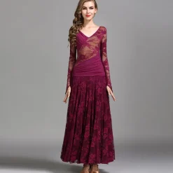 Ballroom Dance Dress Ruching Split Joint Women's Performance Training Long Sleeve Natural Lace Milk Fiber