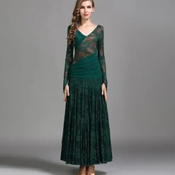Ballroom Dance Dress Ruching Split Joint Women's Performance Training Long Sleeve Natural Lace Milk Fiber