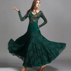 Ballroom Dance Dress Ruching Split Joint Women's Performance Training Long Sleeve Natural Lace Milk Fiber