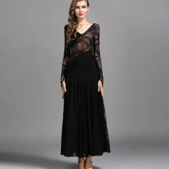 Ballroom Dance Dress Ruching Split Joint Women's Performance Training Long Sleeve Natural Lace Milk Fiber