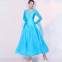 Ballroom Dance Dress Splicing Crystals / Rhinestones Tulle Women's Performance Party Long Sleeve Mesh Spandex Imitation Silk