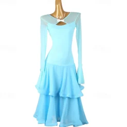 Ballroom Dance Dress Splicing Women's Performance Party Long Sleeve Chiffon Chinlon Mesh
