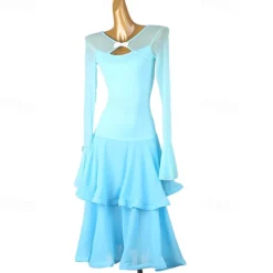 Ballroom Dance Dress Splicing Women's Performance Party Long Sleeve Chiffon Chinlon Mesh