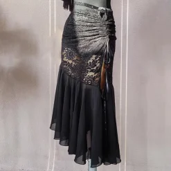 Ballroom Dance Skirts Lace Ruffle Splicing Women's Performance Training Chiffon Crystal Cotton