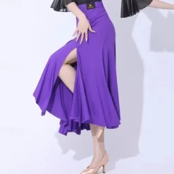 Ballroom Dance Skirts Pleats Pure Color Splicing Women's Performance Training Milk Fiber
