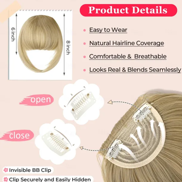 Bangs Hair Clip in Bangs,Thick French Bangs Clip in Hair Extensions Wispy Fake Bangs for Women Fringe with Temples Hairpieces for Daily Wear